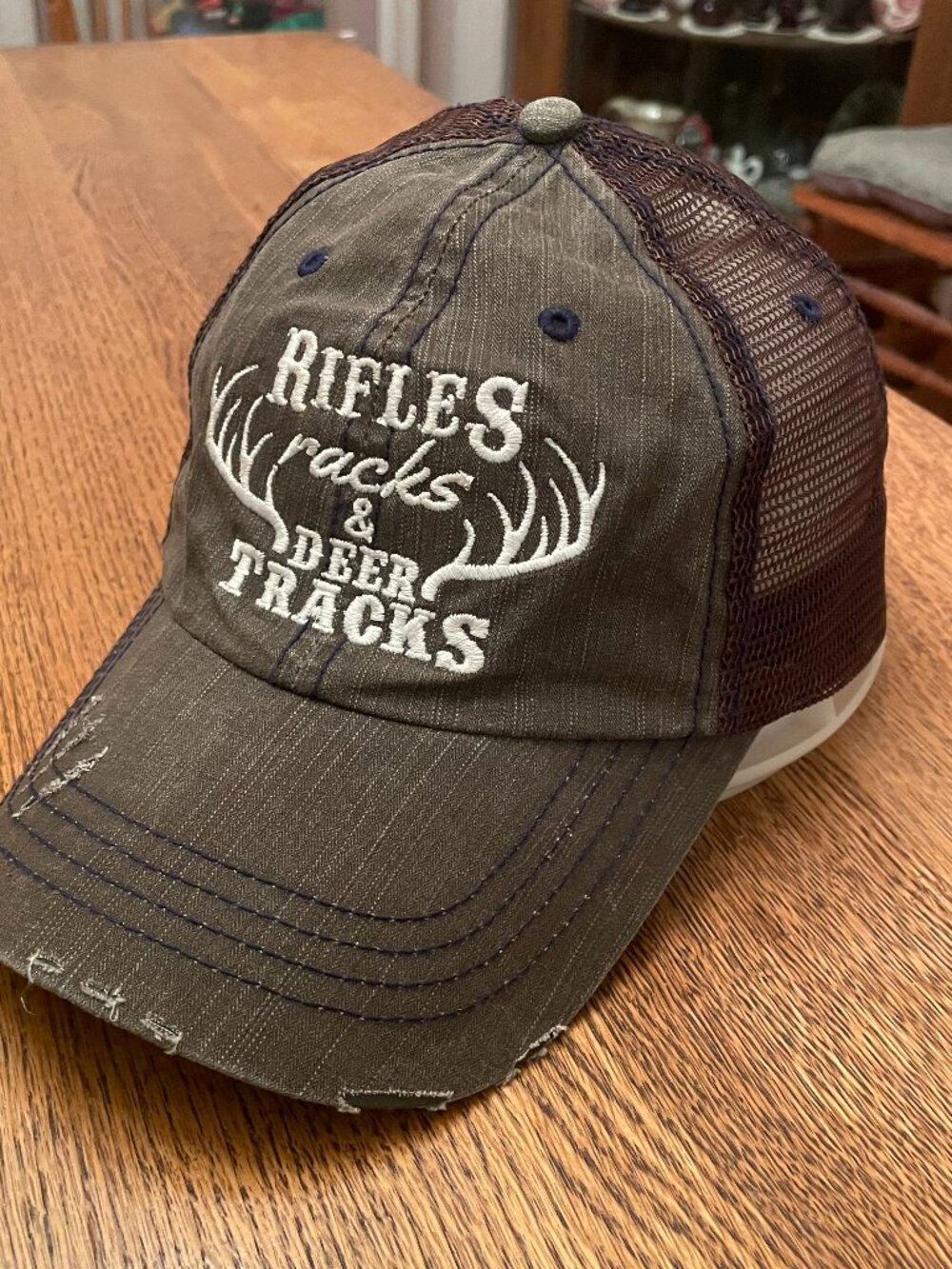 Rifles Racks and Deer Tracks Dark Olive/Brown Hook and Loop Trucker Hat Cap